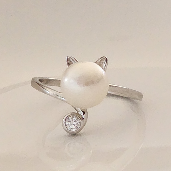 Womens 925S Silver Real 8mm Cultured Freshwater Pearl Cat Shape Ring Adjustable - Picture 13 of 15